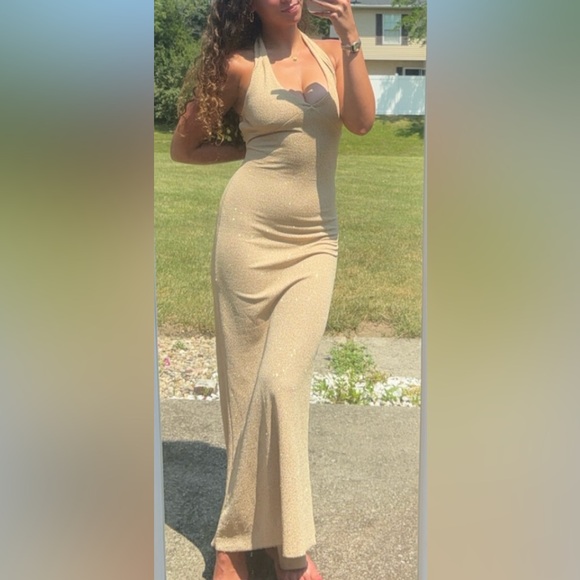 Vintage Y2K Hyphen Glamorous Gold Halter Maxi Formal Evening Dress-Size M - Picture 7 of 16